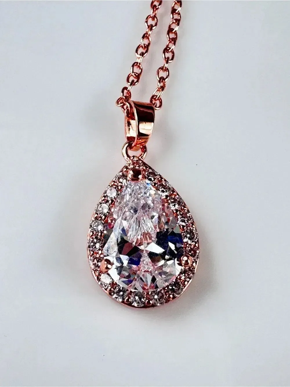 Rose Gold Teardrop Cubic Zirconia Pendant Necklace with Clear Cubic Zirconia